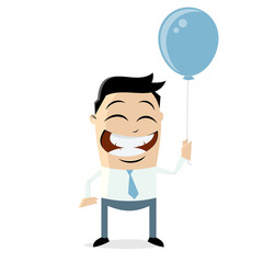 happy businessman holding a blue balloon 