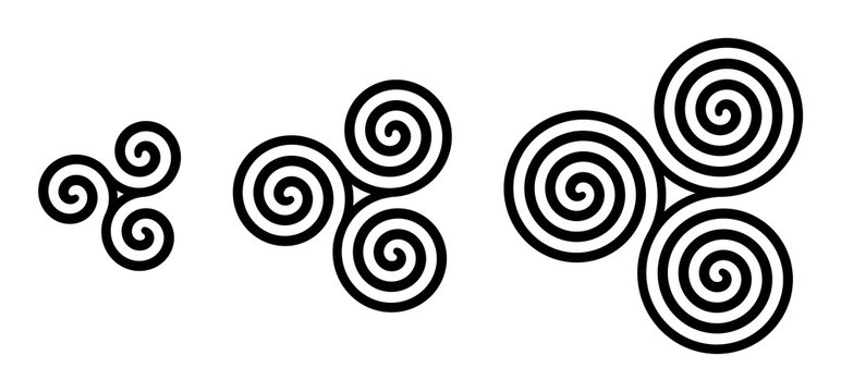 Black celtic triskelion spirals over white. Triple spirals with two, three and four turns. Motifs of three twisted and connected spirals, exhibiting rotational symmetry. Isolated illustration. Vector.