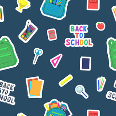 Back to school background. Pattern from set of school supplies on dark blue background. Vector illustration.