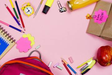 School supplies on pink background