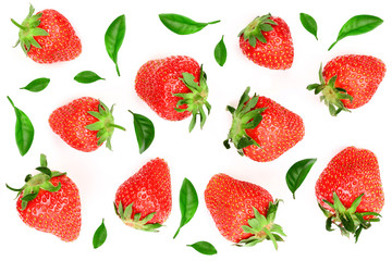 Fototapeta na wymiar Strawberries decorated with leaves isolated on white background with copy space for your text. Top view. Flat lay