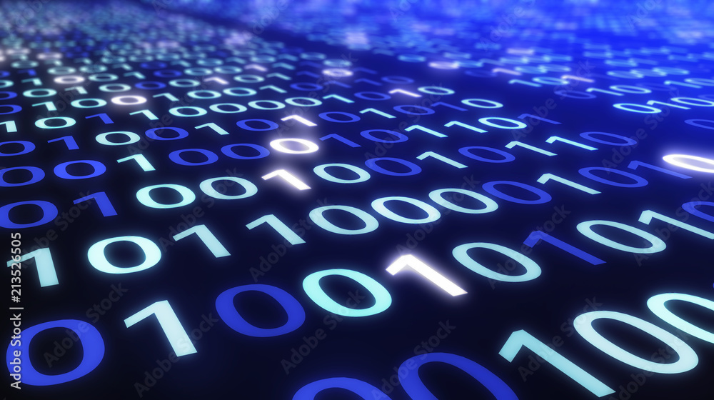 Aufkleber 01 or binary data on the computer screen on black background, digital data code in technology concep