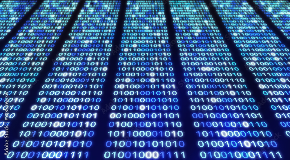 Poster 01 or binary data on the computer screen on black background, digital data code in technology concep