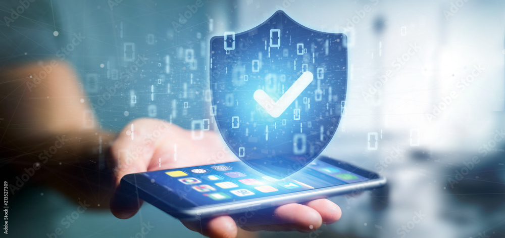 Poster man holding a shield web security concept 3d rendering