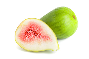 Ripe green fig fruit and half isolated on white background