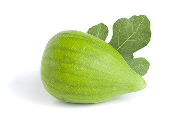 Ripe green fig fruit with leaf isolated on white background