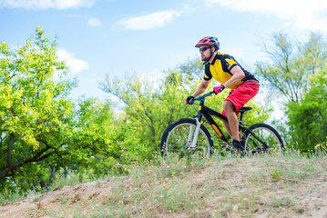 Professional cyclist descending from the top on a mountain bike, an extreme sport.