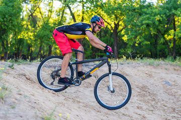 Naklejka premium Professional cyclist descending from the top on a mountain bike, an extreme sport.