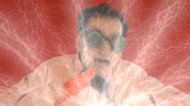 A crazy man carelessly connecting two electrical wires and receiving a harmful shock (electrocuted). Funny comedy shot. Version with lightning discharge animation.
