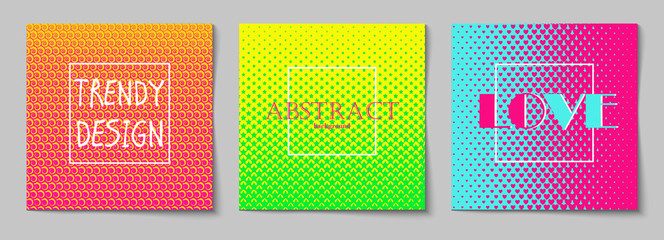 Zestaw kwadratowych streszczenie tło z półtonów w neonowych kolorach. Kolekcja tekstur gradientu z ornamentem geometrycznym. Szablon projektu ulotki, baner, okładka, plakat. Wektor - 213529942