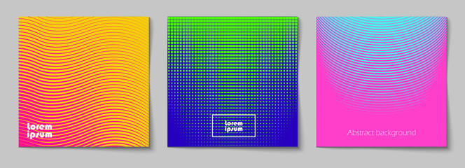 Zestaw kwadratowych streszczenie tło z półtonów w neonowych kolorach. Kolekcja tekstur gradientu z ornamentem geometrycznym. Szablon projektu ulotki, baner, okładka, plakat. Wektor - 213529987