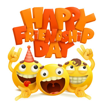 Happy friendship day concept card with group of yellow emoji cartoon characters