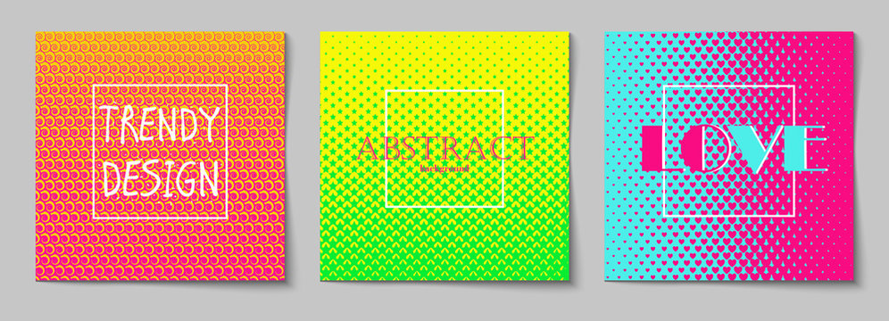 Set of square abstract backgrounds with halftone pattern in neon colors. Collection of gradient textures with geometric ornament. Design template of flyer, banner, cover, poster. Vector 