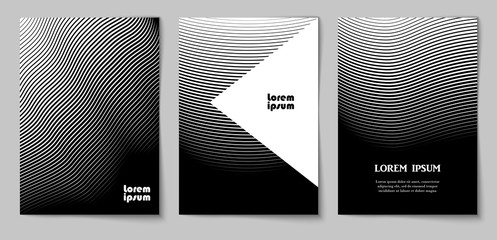 Set of vertical abstract backgrounds with halftone pattern in black and white colors. Design template of flyer, banner, cover, poster in A4 size. Vector 