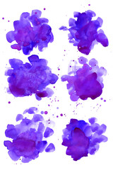 Ultra violet. Abstract paint spots on white background. Color watercolor stains and blots.
