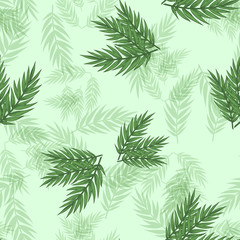 Seamless pattern of Eucalyptus palm fern different tree, foliage natural branches, green leaves, herbs, tropical plant hand drawn watercolor Vector fresh beauty rustic eco friendly background on green