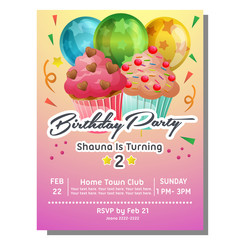 birthday party invitation card with sweet slice muffin and star pattern balloon