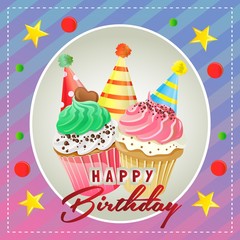 happy birthday card with party hats and muffin