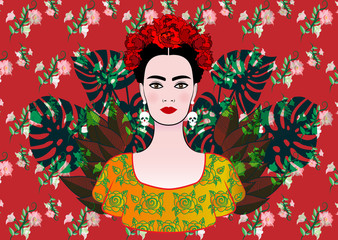 Portrait of the young beautiful mexican woman with a traditional hairstyle. Mexican skulls earrings, crown of flowers and red flowers. Traditional Mexican dress, death's day. Vector floral background