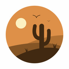 Cactus and mountains in desert landscape. Sunset in Arizona or Texas. Circle illustration. Vector