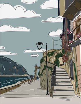 Street view old city sketch art Basque country Spain, houses with stairs, sidewalk and street lamp illustration