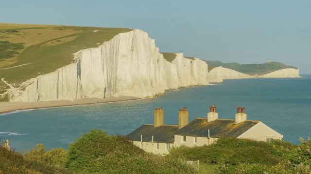 Motion Timelapse of the famous landscape, Seven Sisters Cliffs with Coastguard Cottages at West Sussex, United Kingdom