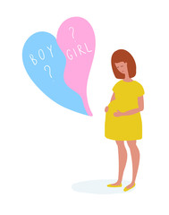 Vector Illustration of a Pregnant Woman holding hand on her belly. Gender reveal party card design in hand drawing style