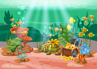 Fototapeta premium Underwater treasure, chest at the bottom of the ocean, gold, jewelry on the seabed. Underwater landscape, corals, seaweed, tropical fish, vector, cartoon style, isolated