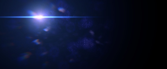 beautiful blue lens flare effect overlay texture with bokeh effect and anamorphic light streak in front of a black background, cinematic format