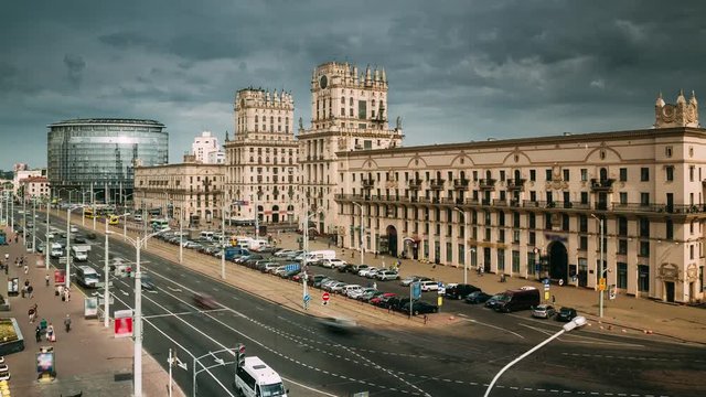 Minsk, Belarus. Two Famous Buildings Towers - Gates Of Minsk, Station Square. Soviet Heritage