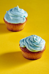Unusual cupcakes with a beautiful blue cream. Cakes with perfect caps made from protein cream. Whipped cream with blue food color. Treat for children on a yellow-blue background.
