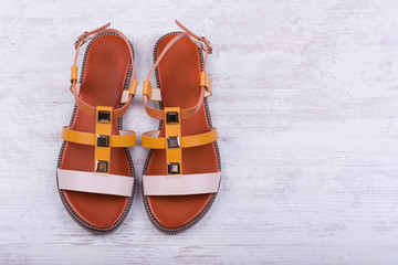 Pair of women's sandals on white wooden background.