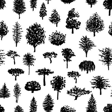 Forest trees silhouettes seamless pattern