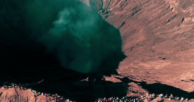Aerial view of Tourist climbing the crater of mount bromo, Indonesia