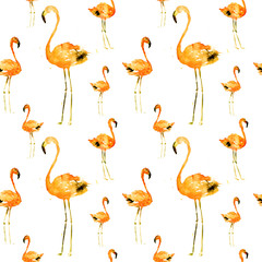 Hand Drawn Illustration With Flamingo. Exotic Summer Beach Motif. Swimwear Design, Wrapping, Background, Wallpaper, Fabric. Hawaiian Print. Jungle Birds Repeated Ornament. Aloha. Boho. Africa.