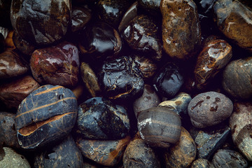 Closeup natural dark stone wet background texture.