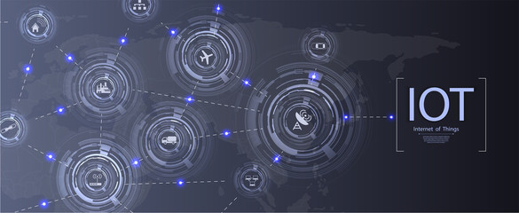 Internet of things (IoT) and networking concept for connected devices. Spider web of network connections with on a futuristic blue background