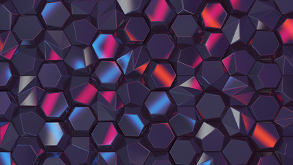 Colored abstract hexagons blank backdrop. cyber style 3d rendering geometric polygons, as illuminated tile wall. Interior room - 213538597