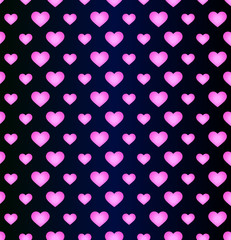 neon pink gradient hearts on dark blue background - seamless vector pattern. Idea for a romantic greeting card
