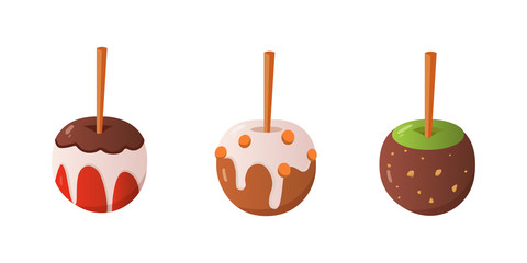 Sweet caramel and chocolate candy apple set. Vector illustration in cartoon style.