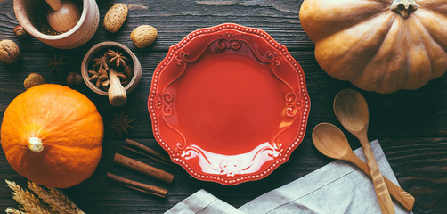 Red Plate on a Wooden Background Pumpkin Nuts Badian and Cinnamon Banner 