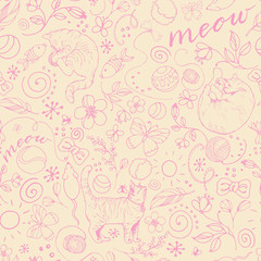 Seamless cream and light pink pattern with cute cats