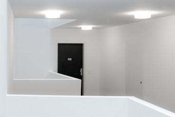 Corridor in modern apartment house, Entrance door to new European flat, White hallway with door in house door