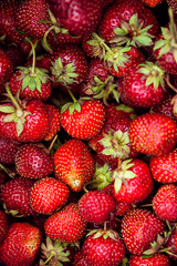 background from freshly raw harvested strawberries just picked up, directly above