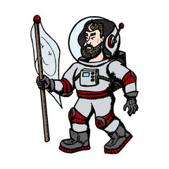 Vector astronaut . Modern creative illustration men with flag in universe. Cosmos space travel on the moon print