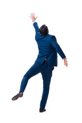 Businessman in funny pose isolated on white