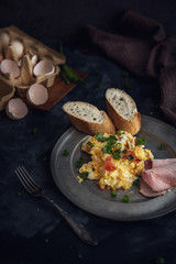 Scrambled eggs with tomatoes on dark background