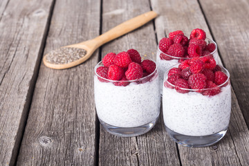 Chia pudding in glass with raspberry