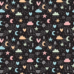 Cute childish seamless pattern with hand drawn cartoon elements. Background in scandinavian style. Great for birthday, cards, fabric, wrapping paper