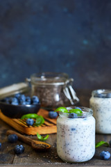 Obraz na płótnie Canvas Homemade yogurt with sesena chia and blueberries that have a dark background. Proper nutrition.